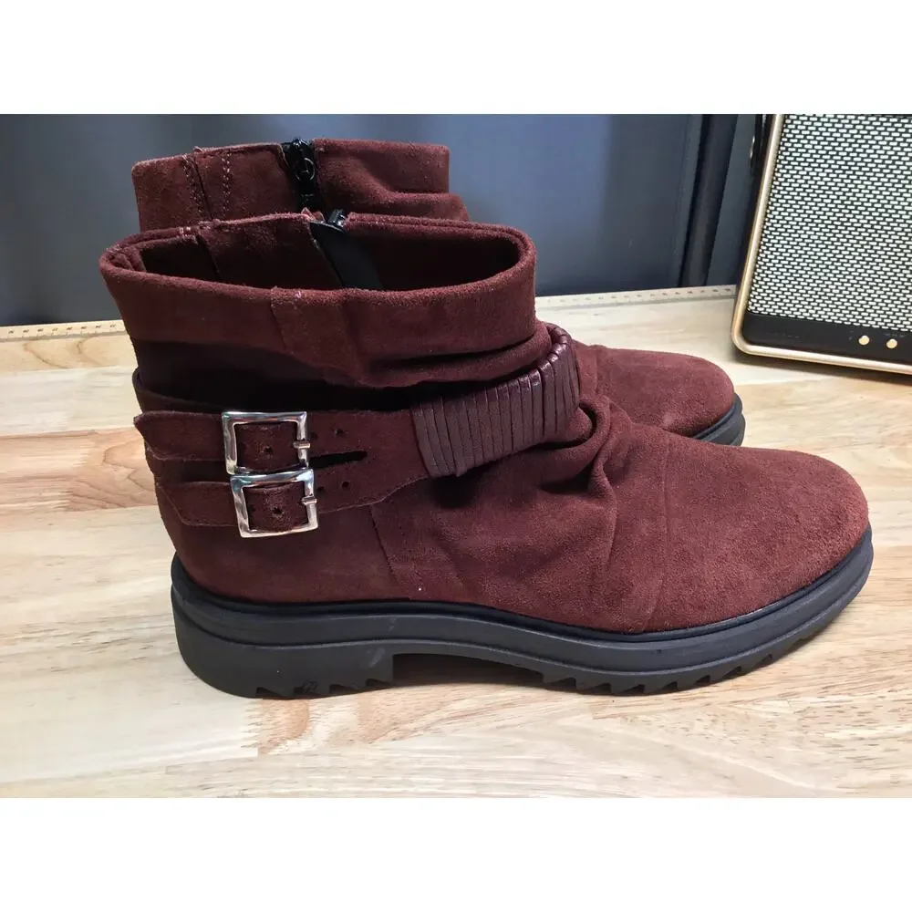 Miz Mooz Finley Women's 11.5 Maroon Suede Side Zip Classic Round Toe Ankle Boots